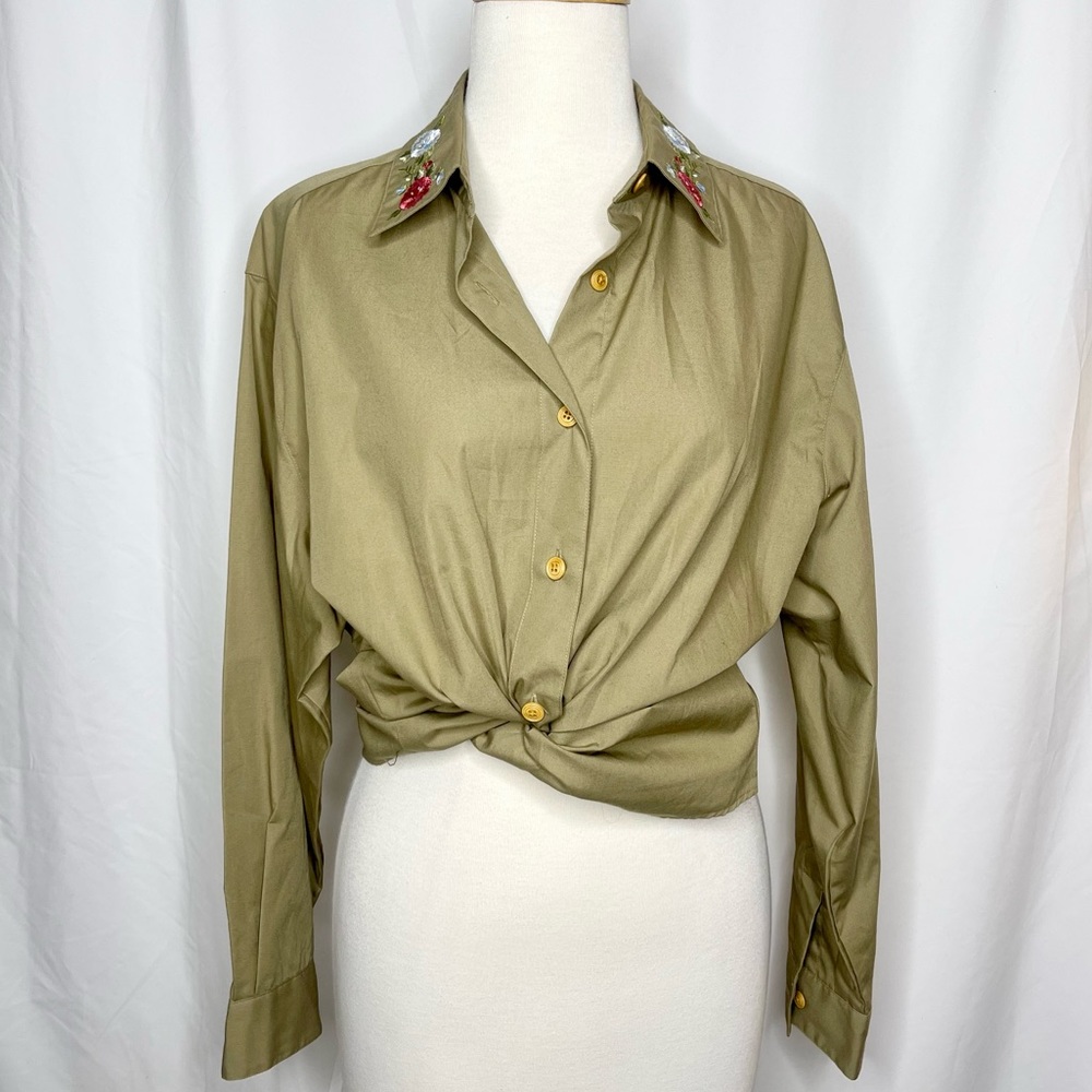 Foxcroft floral embroidered collared button down shirt
